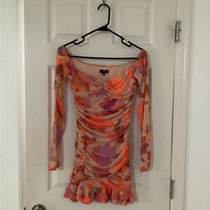AFRM Floral Ruched Long-Sleeve Mini Dress in Pink & Orange